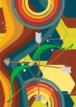 Retro 70s Background with Ancient arrow. Groovy Weapon 1970s art template. .. Stock Illustration