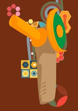 Retro 70s Background with Angle grinder. Groovy Power Tool 1970s art templa.. 스톡 일러스트