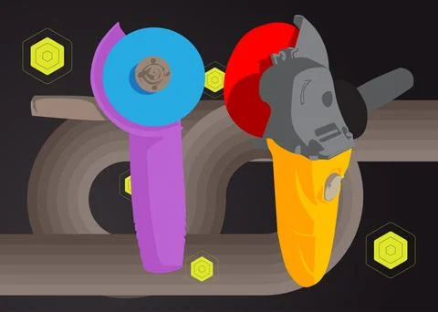 Retro 70s Background with Angle grinder. Groovy Power Tool 1970s art templa.. 스톡 일러스트