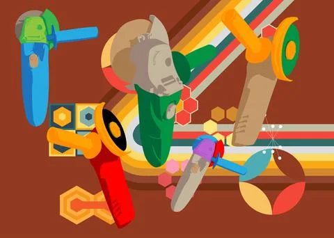 Retro 70s Background with Angle grinder. Groovy Power Tool 1970s art templa.. 스톡 일러스트