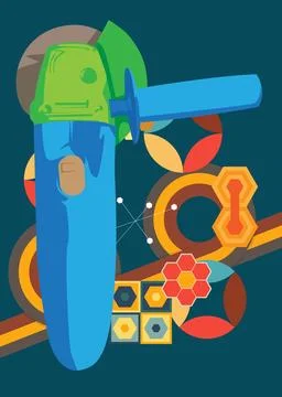 Retro 70s Background with Angle grinder. Groovy Power Tool 1970s art templa.. 스톡 일러스트