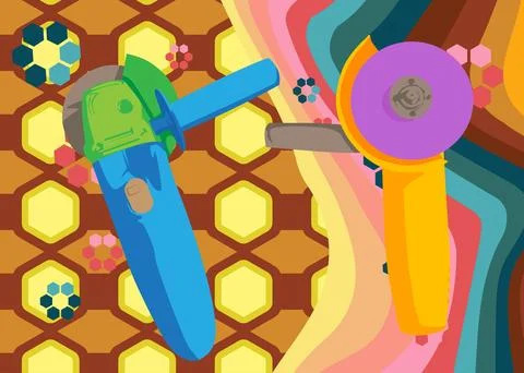 Retro 70s Background with Angle grinder. Groovy Power Tool 1970s art templa.. 스톡 일러스트