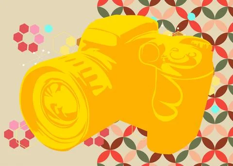 Retro 70s Background with Camera, Photographic Equipment. Groovy Multimedia.. Stock Illustration