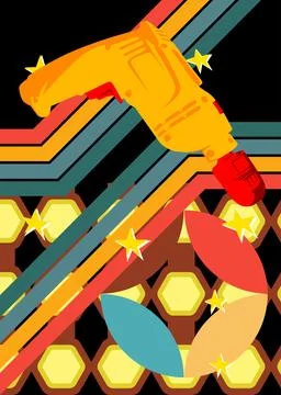Retro 70s Background with Drill. Groovy Power Tool 1970s art template. Mini.. Stock Illustration