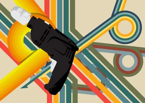 Retro 70s Background with Drill. Groovy Power Tool 1970s art template. Mini.. Stock Illustration