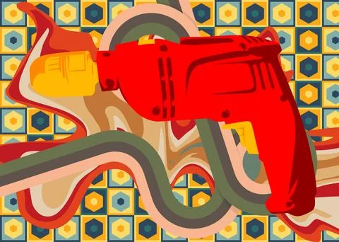 Retro 70s Background with Drill. Groovy Power Tool 1970s art template. Mini.. Stock Illustration