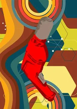 Retro 70s Background with Drill. Groovy Power Tool 1970s art template. Mini.. 스톡 일러스트