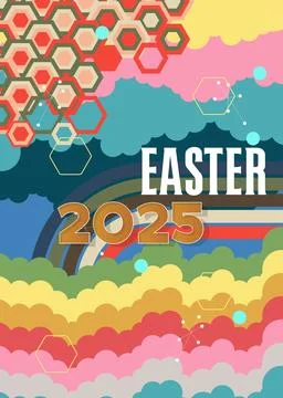 Retro 70s Background with Easter 2025 text. Groovy holiday 1970s art templa.. Stock Illustration