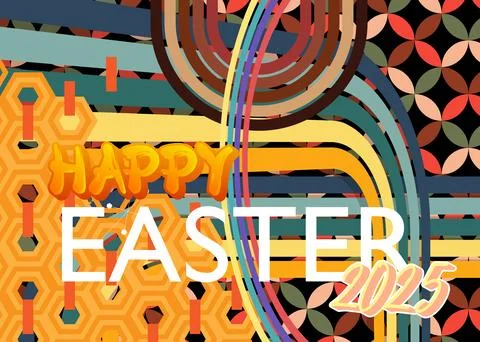 Retro 70s Background with Easter 2025 text. Groovy holiday 1970s art templa.. Stock Illustration