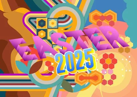 Retro 70s Background with Easter 2025 text. Groovy holiday 1970s art templa.. Stock Illustration