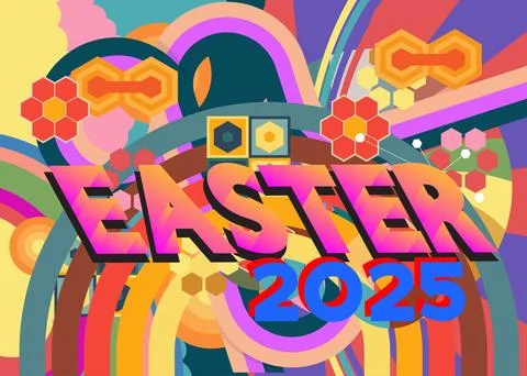 Retro 70s Background with Easter 2025 text. Groovy holiday 1970s art templa.. Stock Illustration