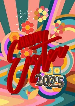 Retro 70s Background with Easter 2025 text. Groovy holiday 1970s art templa.. Stock Illustration