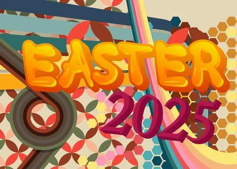 Retro 70s Background with Easter 2025 text. Groovy holiday 1970s art templa.. Stock Illustration