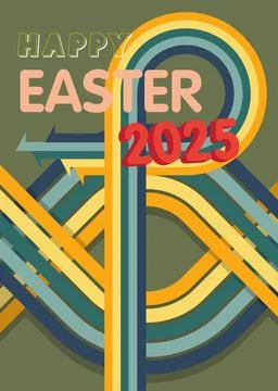Retro 70s Background with Easter 2025 text. Groovy holiday 1970s art templa.. Иллюстрация