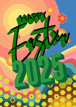 Retro 70s Background with Easter 2025 text. Groovy holiday 1970s art templa.. Stock Illustration
