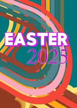 Retro 70s Background with Easter 2025 text. Groovy holiday 1970s art templa.. Stock Illustration