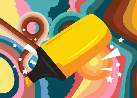 Retro 70s Background with Felt Tip Pen. Groovy Education 1970s art template.. Stock Illustration