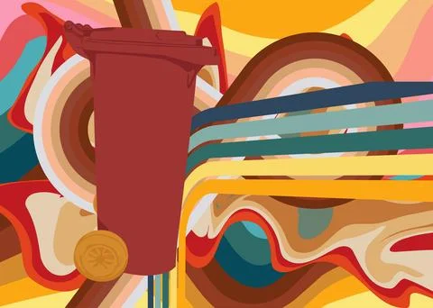 Retro 70s Background with Garbage Bin. Groovy Waste Disposal, 1970s art tem.. Stock Illustration