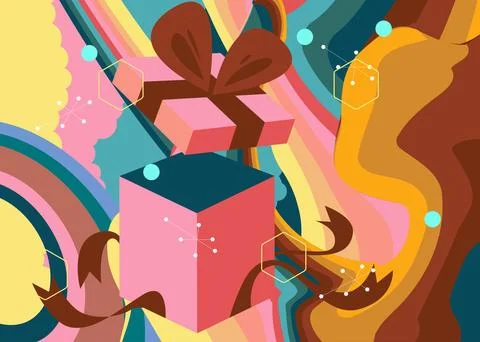 Retro 70s Background with gift box. Groovy Holiday. 1970s art template. Min.. Stock Illustration