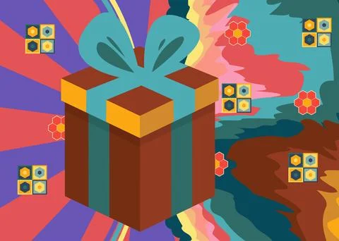 Retro 70s Background with gift box. Groovy Holiday. 1970s art template. Min.. Stock Illustration