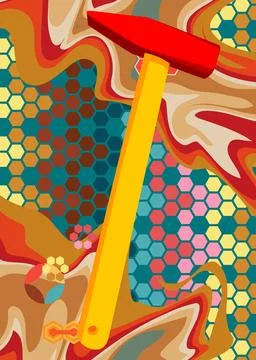 Retro 70s Background with Hammer. Groovy Construction 1970s art template. M.. Stock Illustration