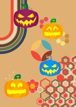 Retro 70s Background with Jack O' Lantern. Groovy Halloween pumpkin. 1970s .. 库存插图