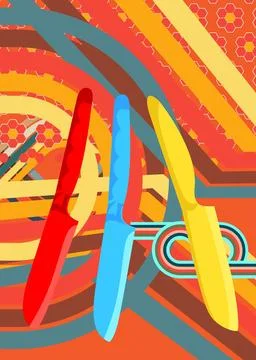 Retro 70s Background with Kitchen Knife. Groovy sharp 1970s art template. M.. Stock Illustration