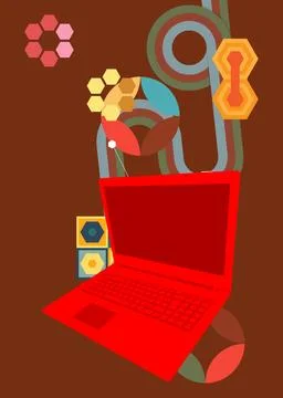Retro 70s Background with notebook. Groovy laptop 1970s art template. Minim.. 스톡 일러스트