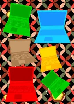 Retro 70s Background with notebook. Groovy laptop 1970s art template. Minim.. 库存插图