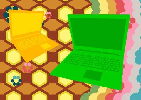 Retro 70s Background with notebook. Groovy laptop 1970s art template. Minim.. 스톡 일러스트
