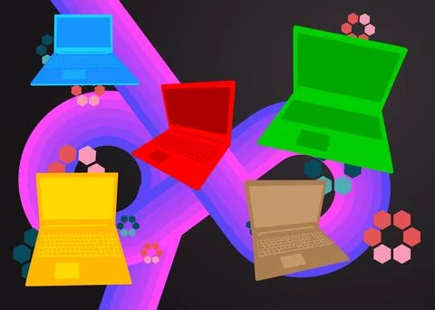 Retro 70s Background with notebook. Groovy laptop 1970s art template. Minim.. Illustrazione stock