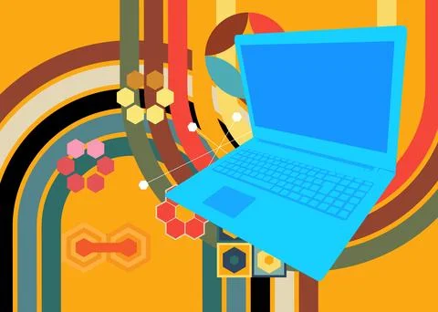 Retro 70s Background with notebook. Groovy laptop 1970s art template. Minim.. 库存插图