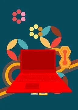 Retro 70s Background with notebook. Groovy laptop 1970s art template. Minim.. Illustrazione stock