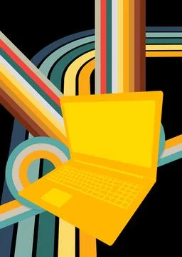 Retro 70s Background with notebook. Groovy laptop 1970s art template. Minim.. 스톡 일러스트