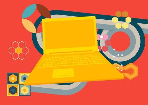 Retro 70s Background with notebook. Groovy laptop 1970s art template. Minim.. 库存插图