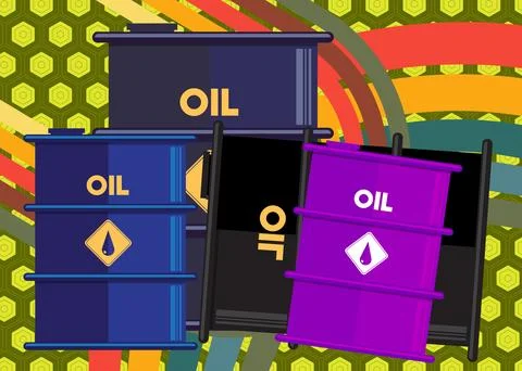 Retro 70s Background with Oil drum containers. Groovy Industry 1970s art te.. Stock Illustration