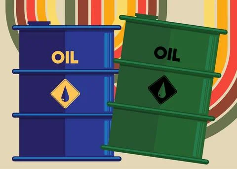 Retro 70s Background with Oil drum containers. Groovy Industry 1970s art te.. Stock Illustration