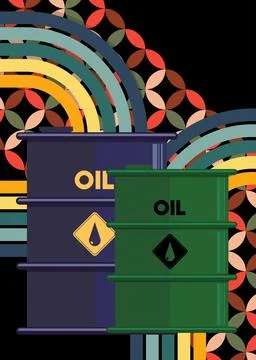 Retro 70s Background with Oil drum containers. Groovy Industry 1970s art te.. Stock Illustration