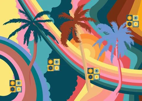 Retro 70s Background with Palm Tree. Groovy Exotic 1970s art template. Mini.. Иллюстрация