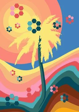 Retro 70s Background with Palm Tree. Groovy Exotic 1970s art template. Mini.. Stock Illustration