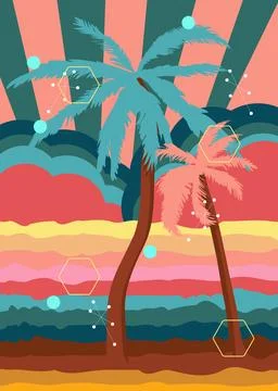 Retro 70s Background with Palm Tree. Groovy Exotic 1970s art template. Mini.. Stock Illustration
