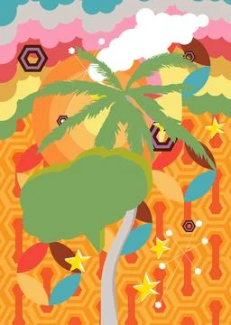 Retro 70s Background with Palm Tree and speech bubble. Groovy Tourist Resor.. Stock Illustration
