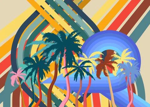 Retro 70s Background with Palm Tree. Groovy Tropical 1970s art template. Mi.. Stock Illustration