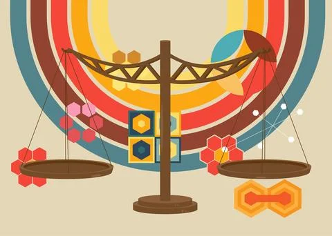 Retro 70s Background with Scale. Groovy Balance 1970s art template. Minimal.. Stock Illustration
