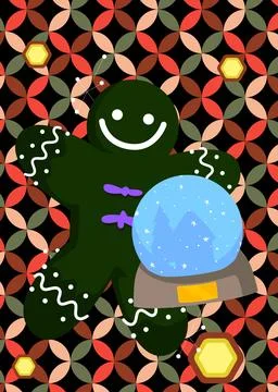 Retro 70s Background with Snow Globe and Gingerbread Man Christmas Cookie. .. Stock Illustration