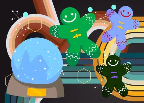 Retro 70s Background with Snow Globe and Gingerbread Man Christmas Cookie. .. Stock Illustration