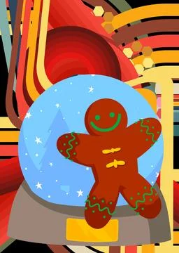 Retro 70s Background with Snow Globe and Gingerbread Man Christmas Cookie. .. Stock Illustration