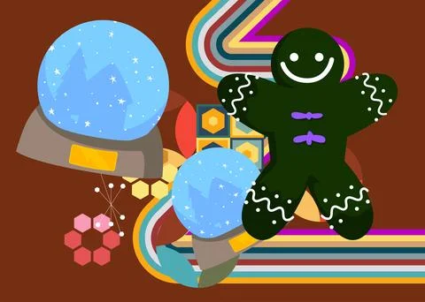 Retro 70s Background with Snow Globe and Gingerbread Man Christmas Cookie. .. Stock Illustration