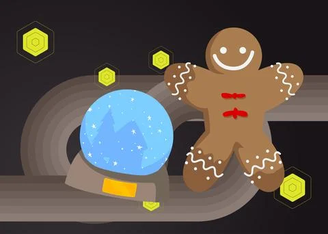 Retro 70s Background with Snow Globe and Gingerbread Man Christmas Cookie. .. Stock Illustration