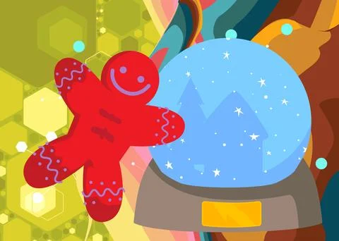 Retro 70s Background with Snow Globe and Gingerbread Man Christmas Cookie. .. Stock Illustration